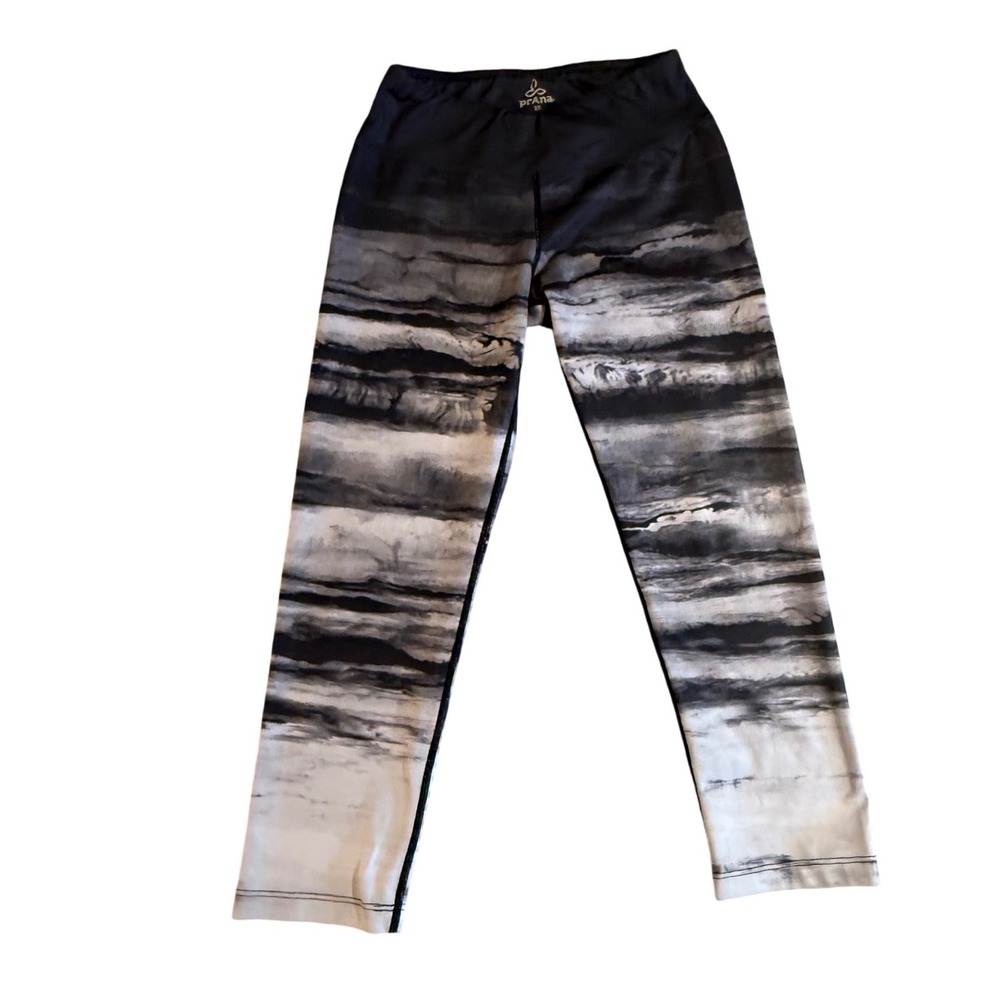Prana Womens XS Black Gray White Abstract Stripe Yoga Leggings Made in USA